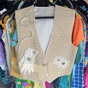 Vintage Handmade Cream Crochet Patterned Vest with Appliqué Flowers